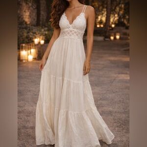 Wishlist Feminine Lace Bodice Flowy Romantic Maxi Fairy White Dress Boho